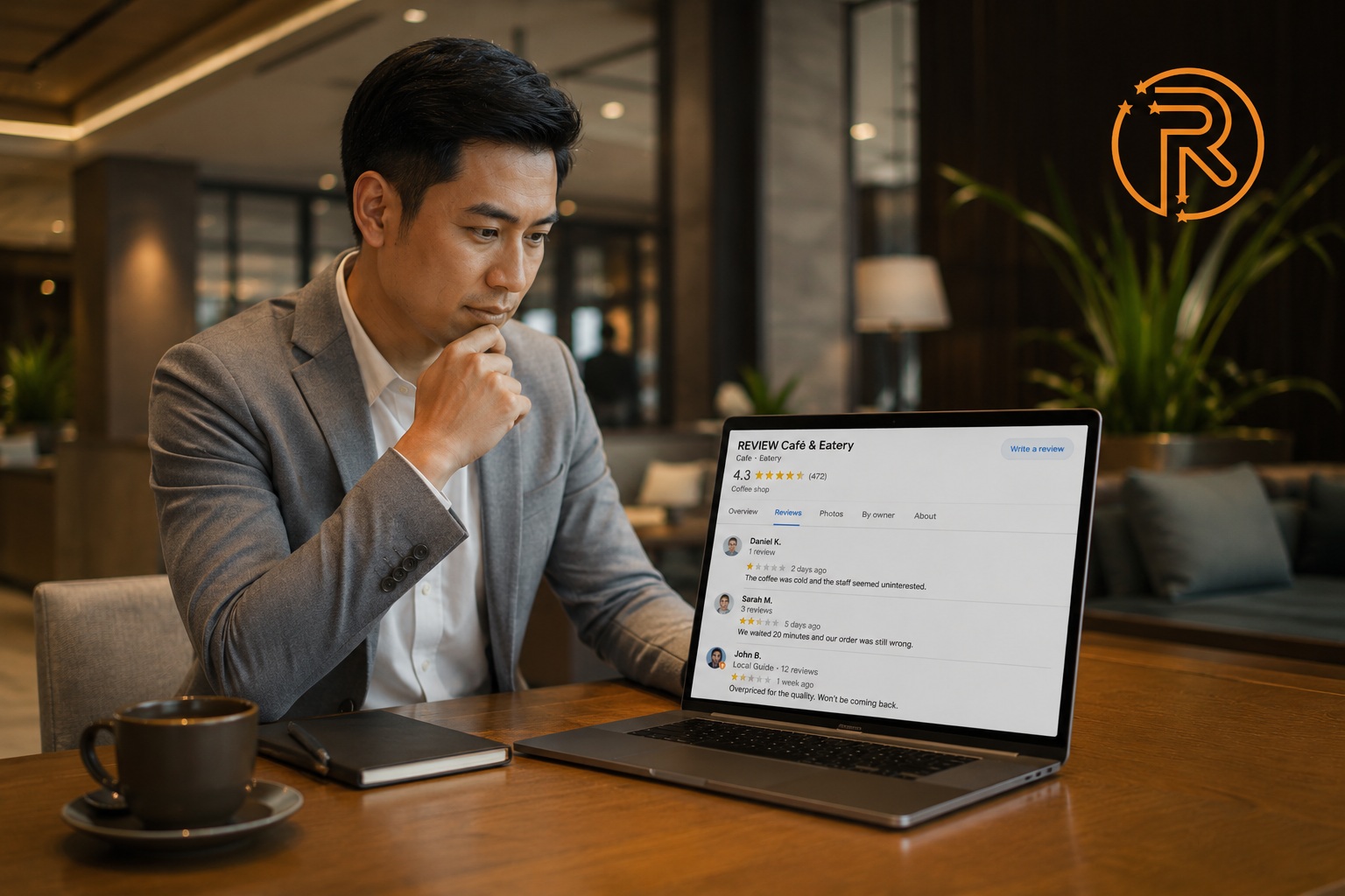 Business owner reviewing online guest feedback on a laptop in a café