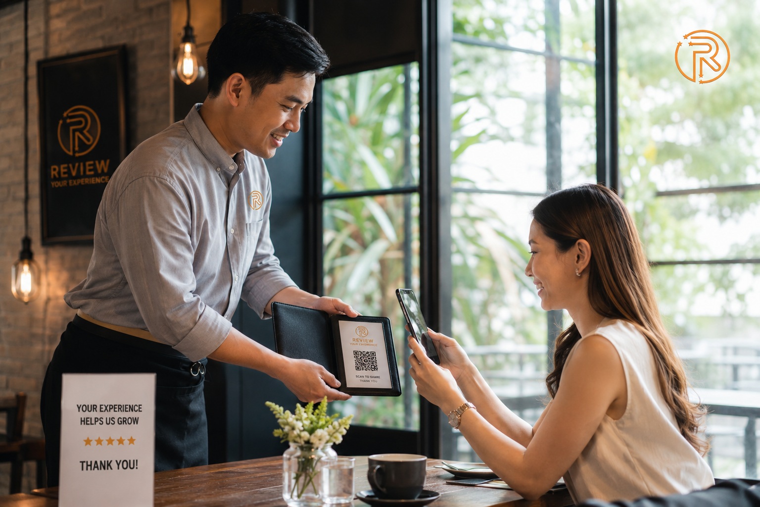 Staf hospitality mengundang tamu meninggalkan ulasan Google memakai kode QR