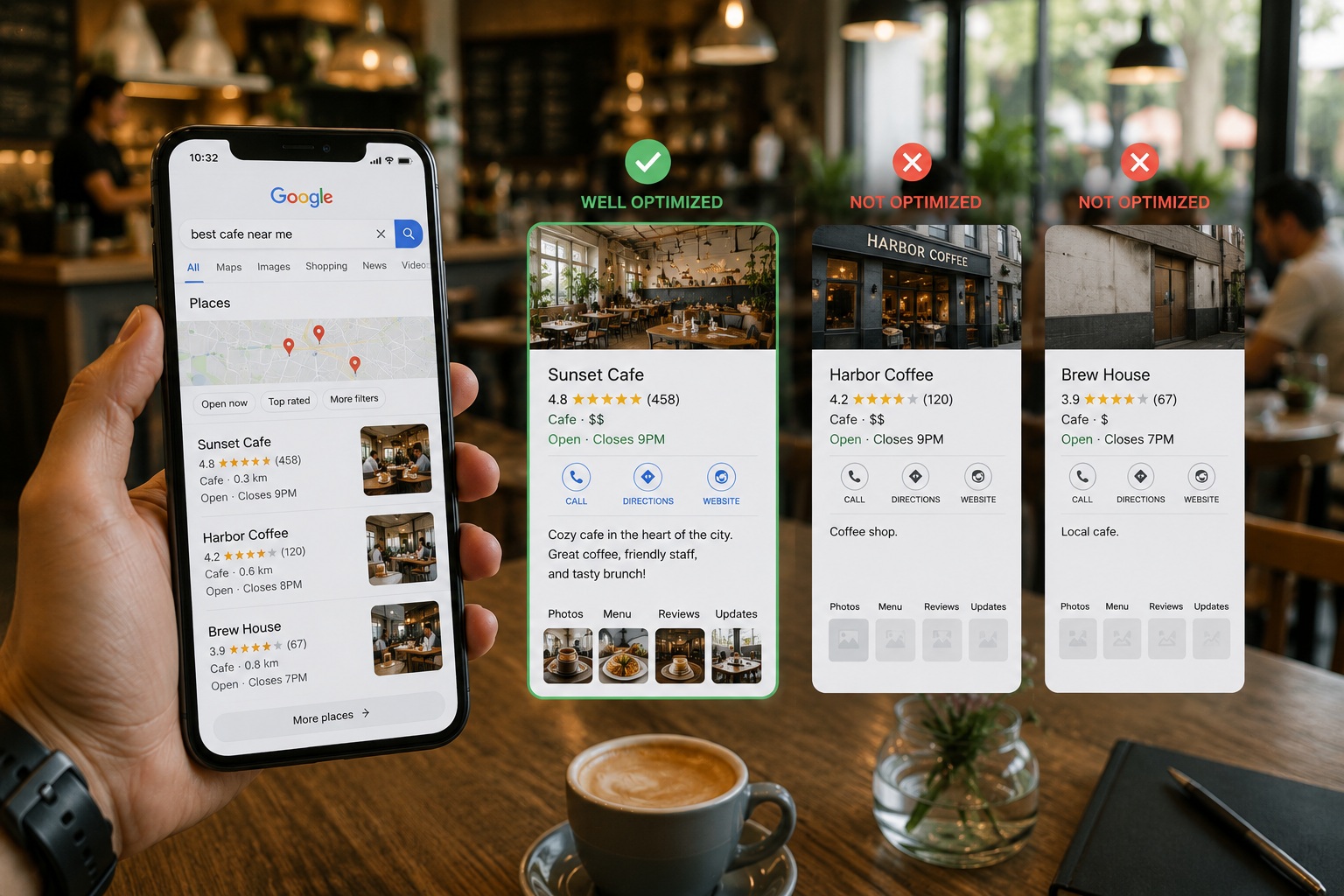 Comparison of well optimised and poorly optimised Google Business Profiles on a phone