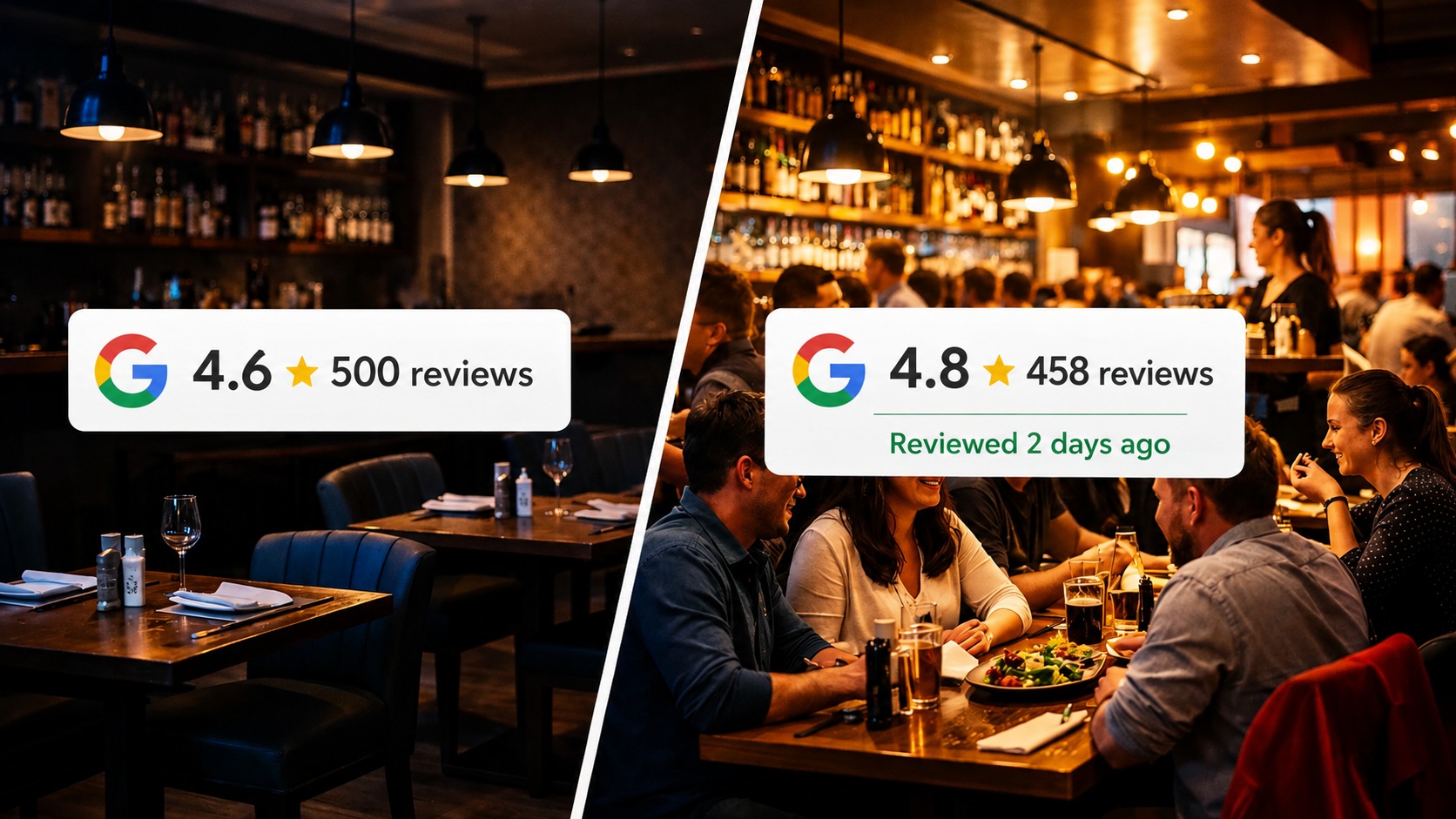 Two restaurants compared side by side by their Google star ratings